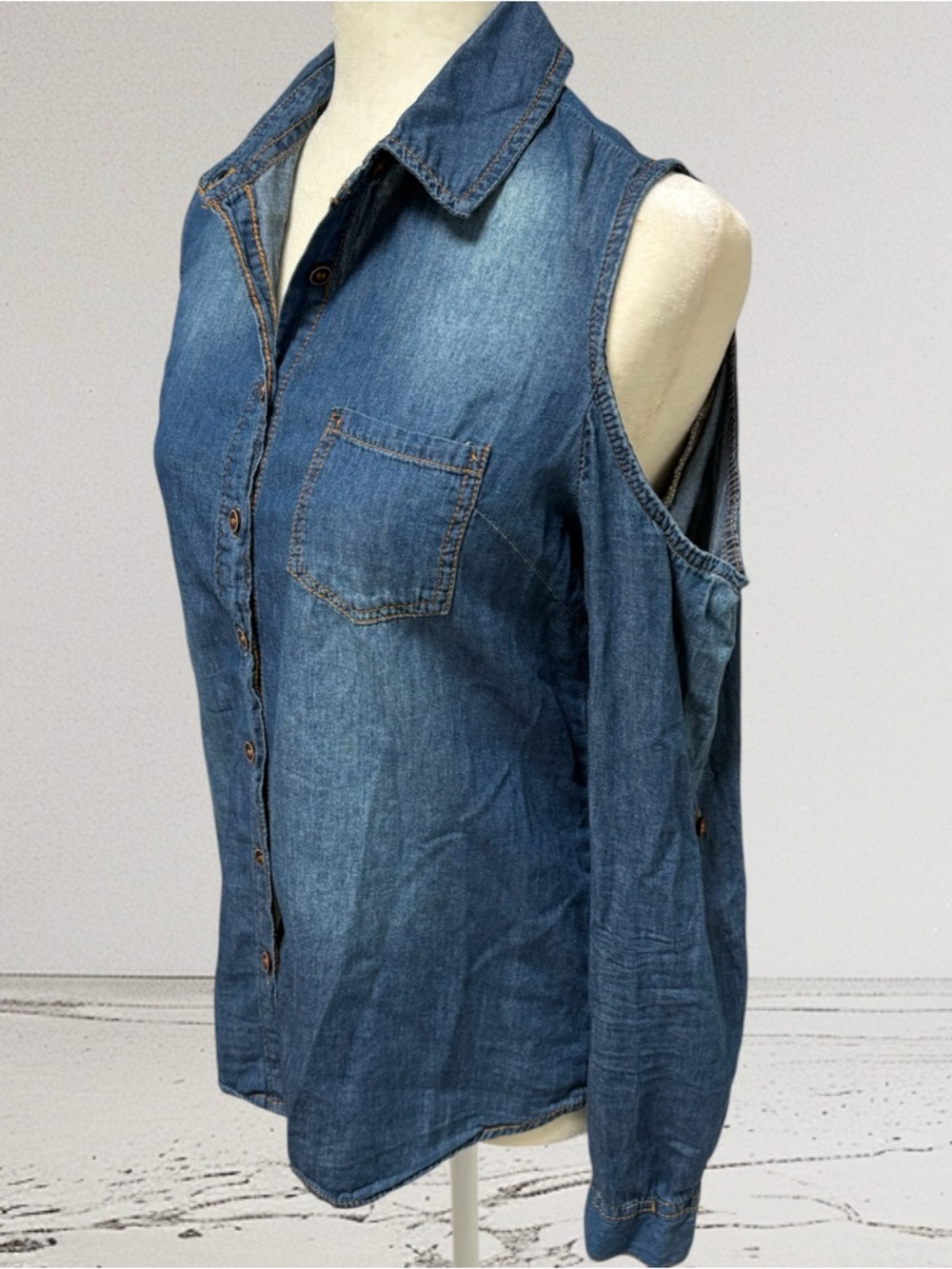 Blue Denim Button-Up Top Cold Shoulder
